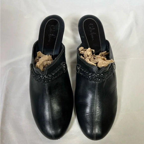 Cole Haan Black Leather Wedge Slip-On Clogs Mules Woven Strap Detail Size 9.5 - Picture 3 of 15